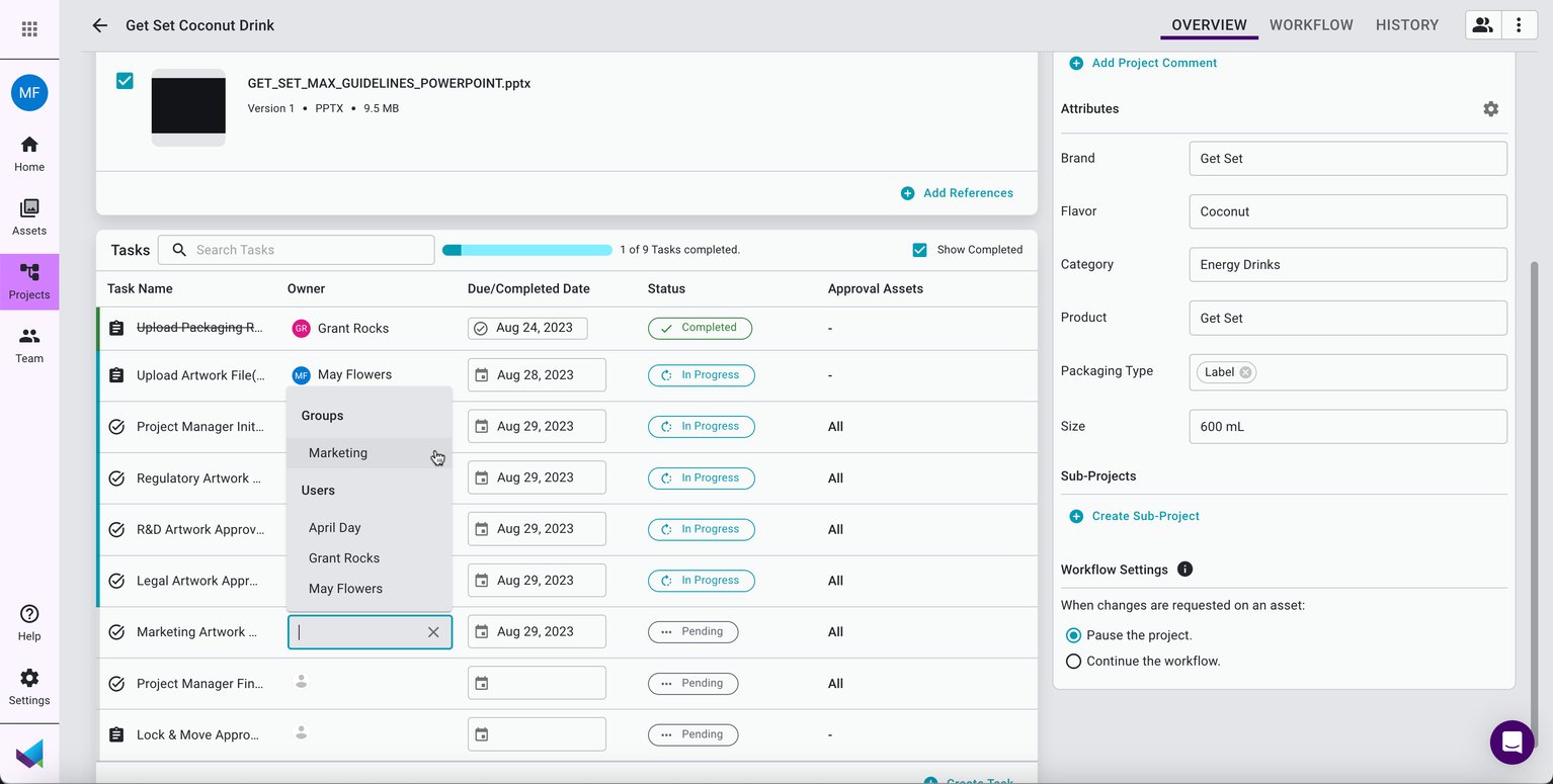 MOX project view with tasks, owners, approval requirements, status, and packaging attributes