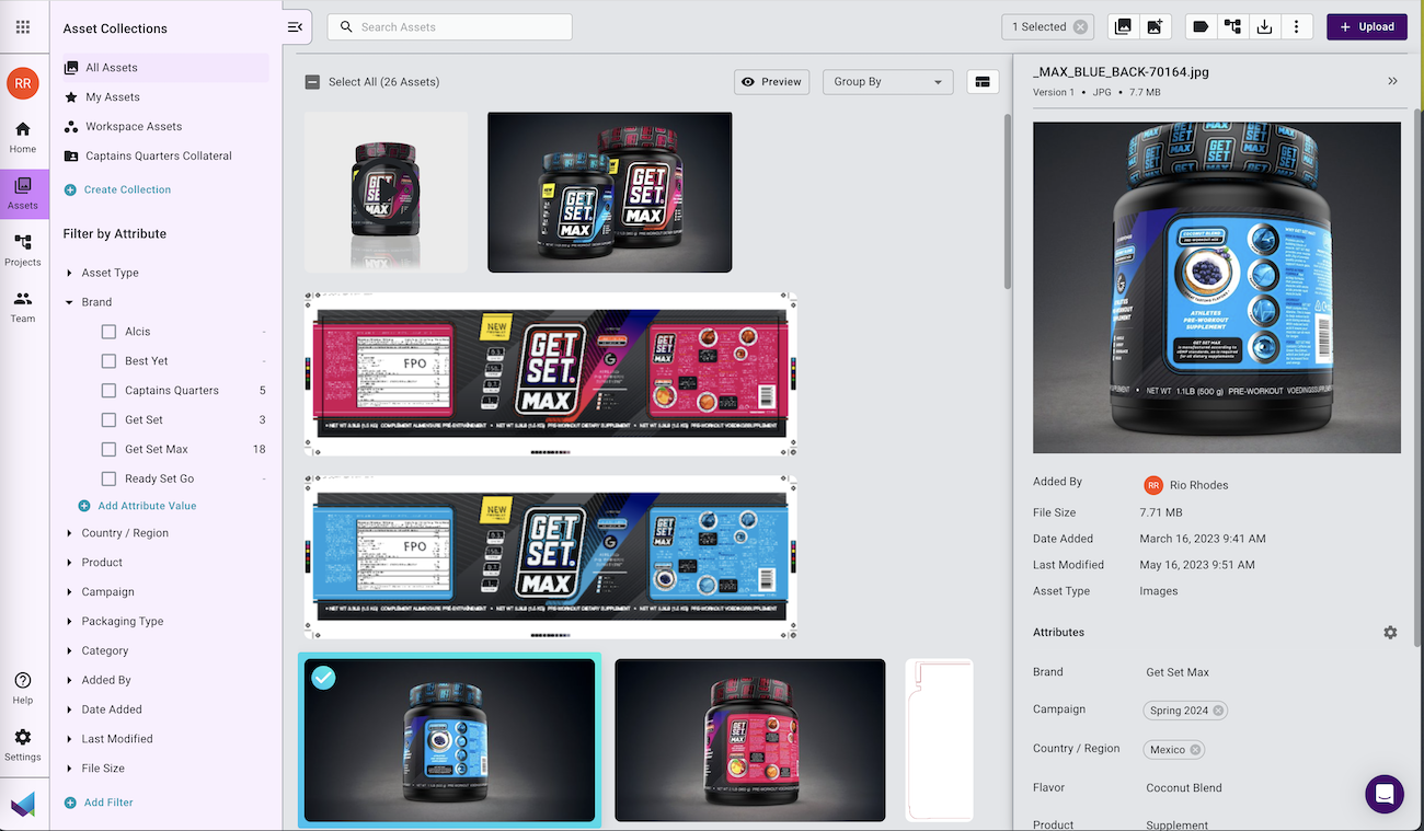 MOX asset library with filtered packaging assets, previews, and metadata