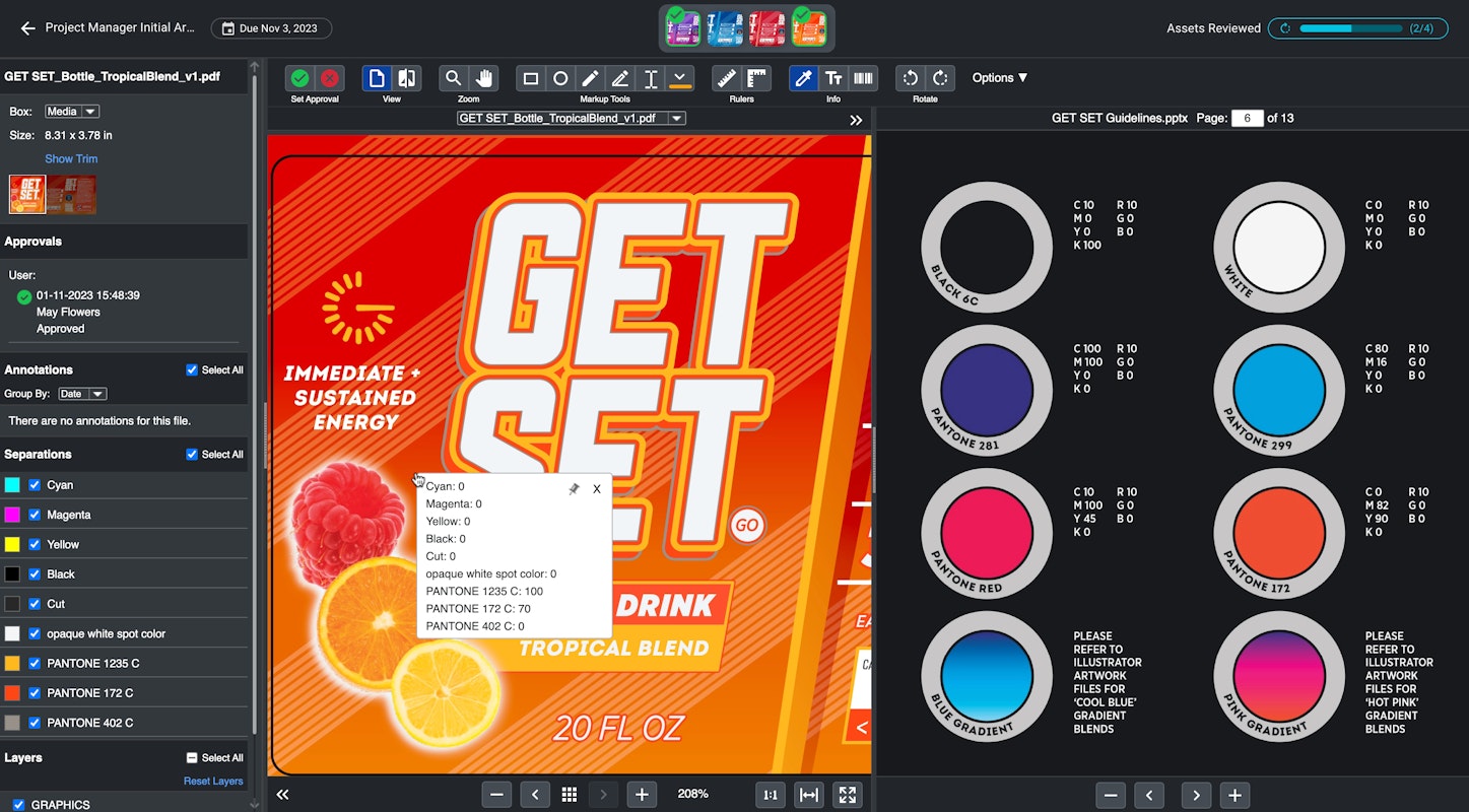MOX artwork review interface with production details, color information, and approval history