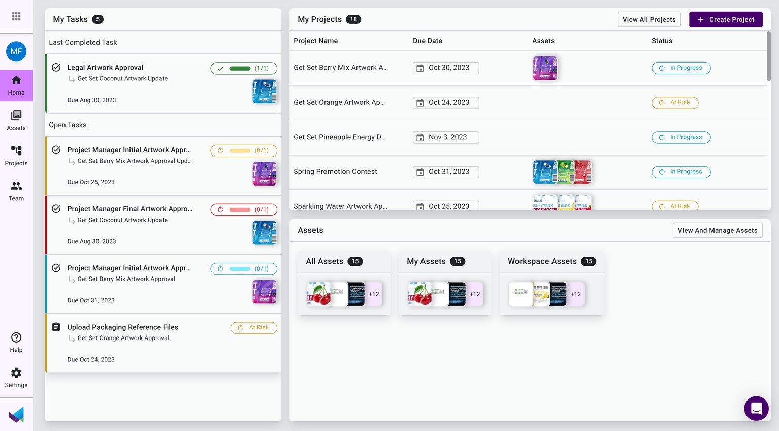 MOX dashboard showing active work, project status, and connected assets